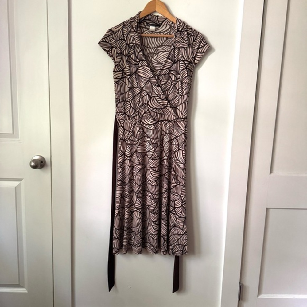 Vintage Y2K Brown‎ Beige Abstract Leaf Wrap Midi Dress Large Tropical Resort